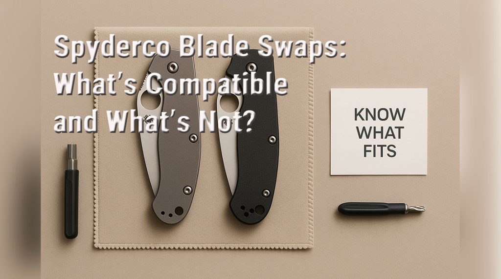 Disassembled Spyderco knives showing blades and handle compatibility differences