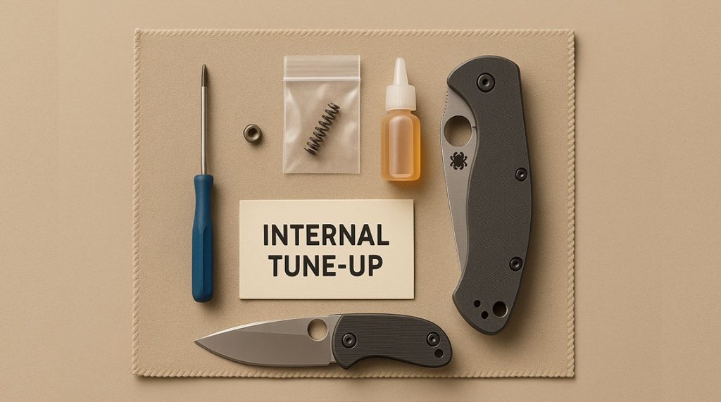 Disassembled Spyderco knife with old and new springs laid out for replacement