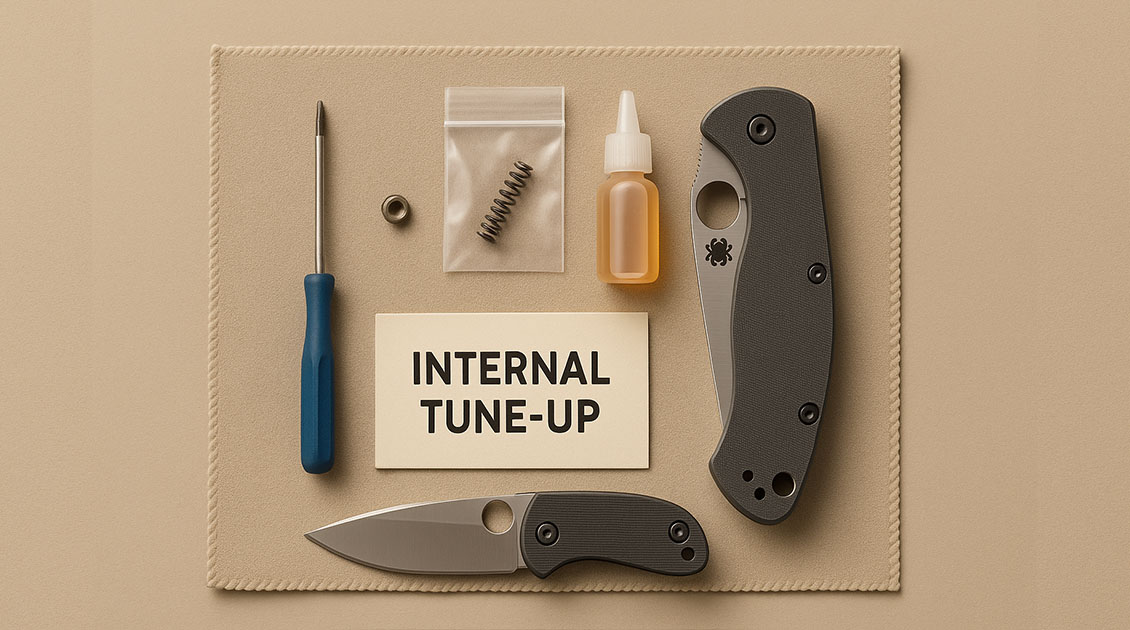 Disassembled Spyderco knife with old and new springs laid out for replacement