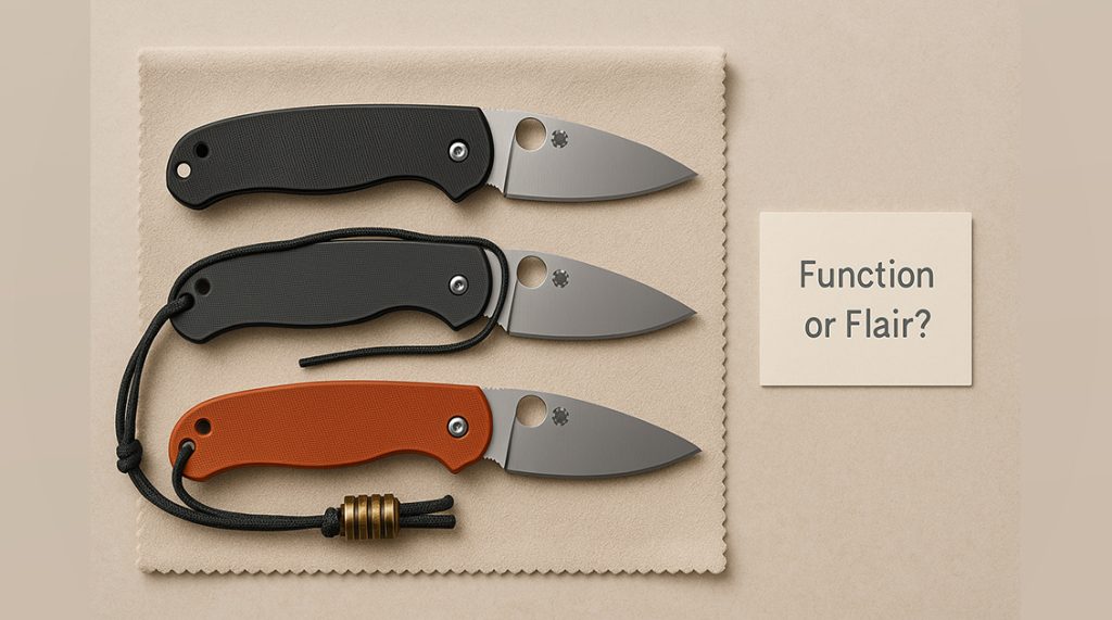 Spyderco knife with paracord lanyard and bead threaded through the lanyard hole