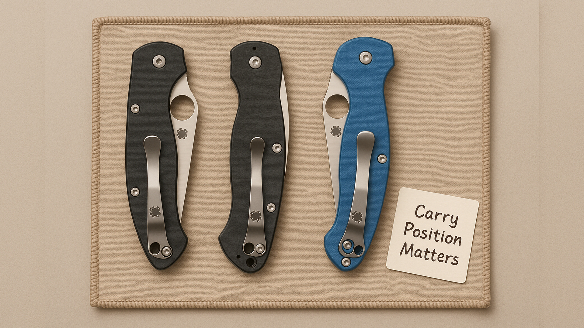 Spyderco knife with pocket clip removed, showing repositioning holes and tools